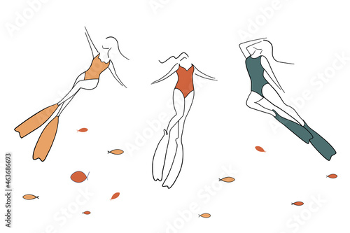Abstract Woman snorkeling, line vector illustration