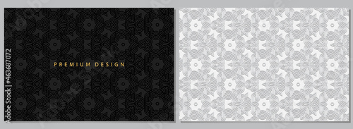 Abstract banners, set of white and black cover designs, horizontal vintage vector templates. Geometric volumetric convex ethnic 3D pattern. Eastern, Indonesian, Mexican, Aztec style.