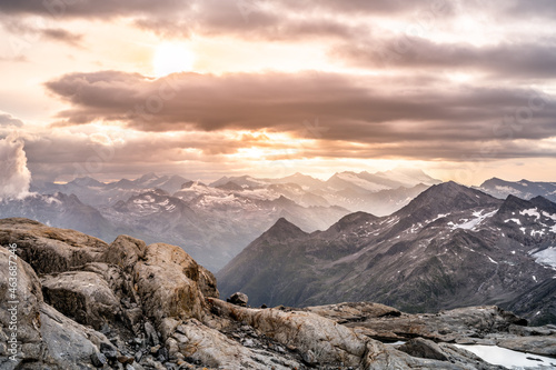 Rocky alpine mountains morning panorama