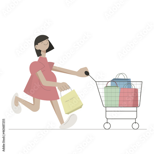 Cute happy cartoon pregnant girl walking with shopping bags. Vector illustration.