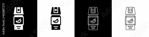Set Pepper spray icon isolated on black and white background. OC gas. Capsicum self defense aerosol. Vector