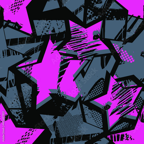 Abstract seamless chaotic pattern with urban geometric elements, scuffed, drops, stars and sprays. Grunge neon texture background. Wallpaper for teen girls. Fashion sport style