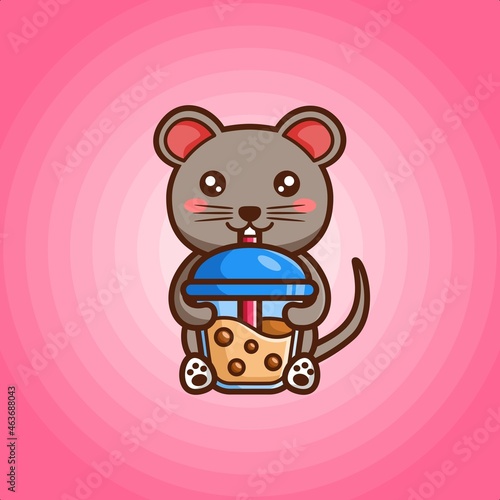Cute little mouse drinking a cup of chocolate drink
