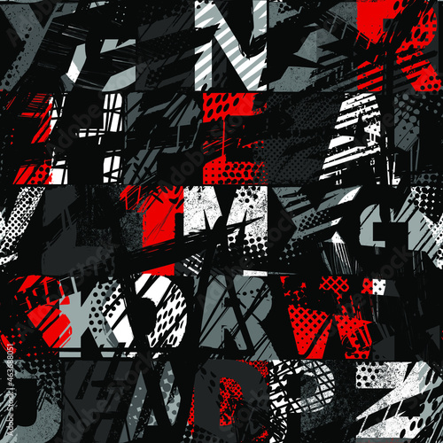Abstract colorful seamless grunge pattern for boy. Urban modern background with lightning, dots, geometric, words, letters and spray elements. Drive modern creative wallpaper in sport style 