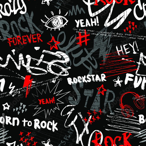 Abstract seamless modern pattern with headphones, spray paint, text rock star.  Fashion drawing print design