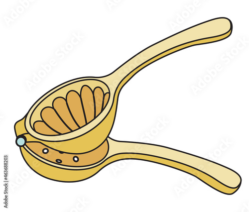 Yellow citrus fruit squeezer juicer bar accessory. Hand-drawn doodle cartoon style vector image. For bartender website design, cocktail making process illustration, alcohol cookbook decoration etc