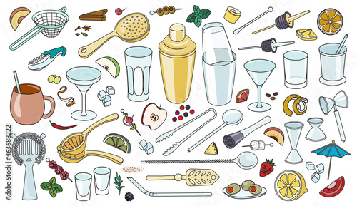 Various bar cocktail tool accessories instruments such as shaker glasses strainers jiggers. Collection set of hand-drawn doodle cartoon style vector icon illustrations. For bar menu website design