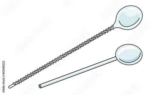 A stirrer bar spoon and a spoon-straw bartender accessories. Hand-drawn doodle cartoon style colored vector image. For cocktail making process illustration, alcohol cookbook decoration etc