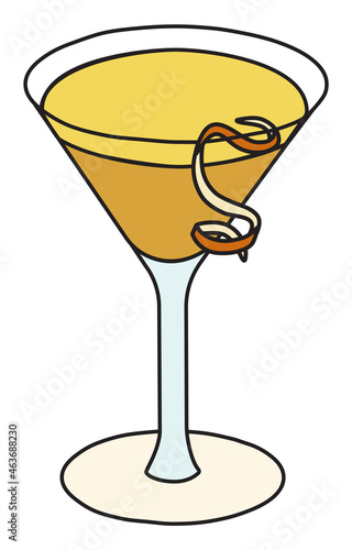 Bronx classic vintage cocktail in martini glass. Gin and vermouth based yellow drink garnished with orange zest. Stylish doodle cartoon vector illustration. Good for cards, menu decoration
