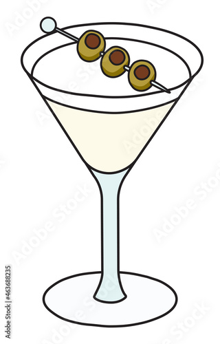 Dry Martini variation cocktail in specific glass. Gin based transparent drink garnished with olives. Stylish doodle cartoon vector illustration good for cards, menu decoration, posters.