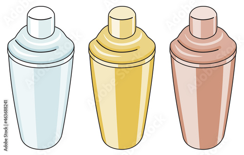 Collection set of three Cobbler French silver gold copper Shaker bar accessory. Hand-drawn doodle cartoon style vector image. For bartender website design, cocktail making process illustration