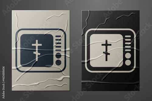 White Online church pastor preaching video streaming icon isolated on crumpled paper background. Online church of Jesus Christ. Paper art style. Vector