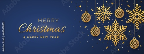 Christmas blue background with hanging shining golden snowflakes and balls. Merry christmas greeting card. Holiday Xmas and New Year poster, web banner. Vector Illustration.