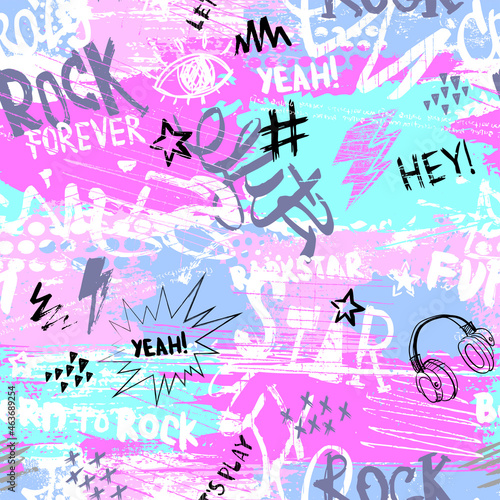 Abstract seamless chaotic pattern with urban graffiti words, scuffed and sprays. Grunge texture background. Wallpaper for girls. Fashion sport style