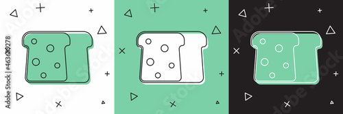 Set Bread toast for sandwich piece of roasted crouton icon isolated on white and green, black background. Lunch, dinner, breakfast snack. Vector