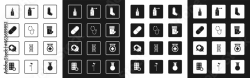 Set Inhaler, Stethoscope, Medicine pill or tablet, Bottle nasal spray, bottle and pills, Medical with nozzle, Hospital signboard and Dialogue the doctor icon. Vector