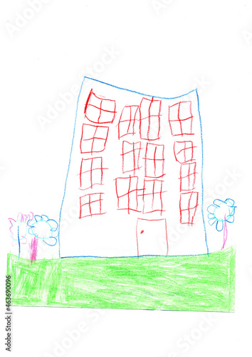 Children drawing of a colored multi-storey building
