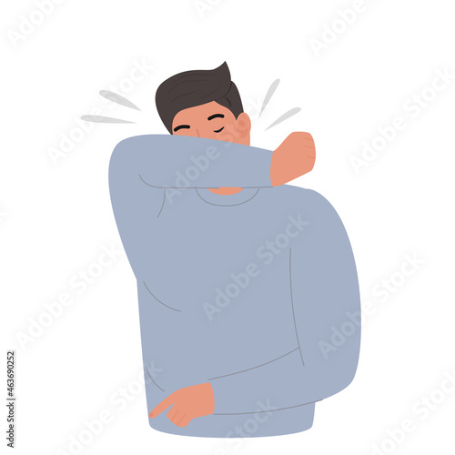 Young male coughs in his elbow. Correct sneezing vector illustration. Stop virus concept.