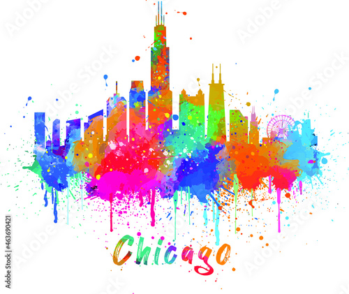 Watercolor Chicago City Skyline colorful splatters with clipping path Vector