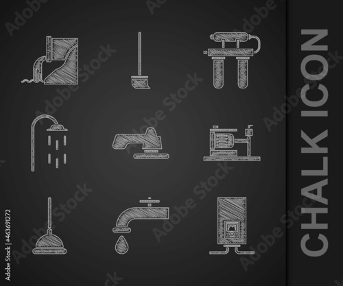 Set Water tap, Gas boiler with burning fire, Electric water pump, Rubber plunger, Shower, filter and Wastewater icon. Vector