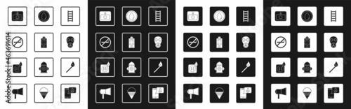 Set Fire escape, Medical hospital building, No Smoking, alarm system, Gas mask, Water drop, Burning match with fire and Electric wiring of socket icon. Vector