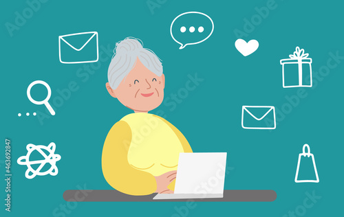 Happy grandmother with a laptop is sitting at the table and laughing. Vector illustration on a blue background with a set of social network icons. The concept of teaching old people to use gadgets.