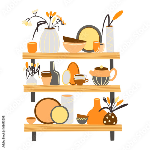 Vector illustration with ceramic kitchenware on the shelves. Ceramic tableware, vases with flowers, plates, cups in the doodle style.
