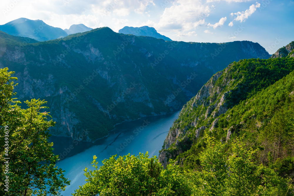 Canyon of Piva River and Lake located between high mountain ranges near Pluzine. Montenegro. Balkans.
