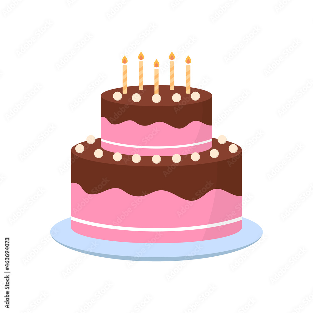 Pink Cute Cake with Icing Chocolate Cream on Plate for Birthday, Anniversary, Wedding. Colorful Sweet Tasty Bakery. Delicious Cake with Candles for Birthday Party. Isolated Vector Illustration Pink Cute Cake with Icing Chocolate Cream on Plate for Birthday, Anniversary, Wedding. Colorful Sweet Tasty Bakery. Delicious Cake with Candles for Birthday Party. Isolated Vector Illustration