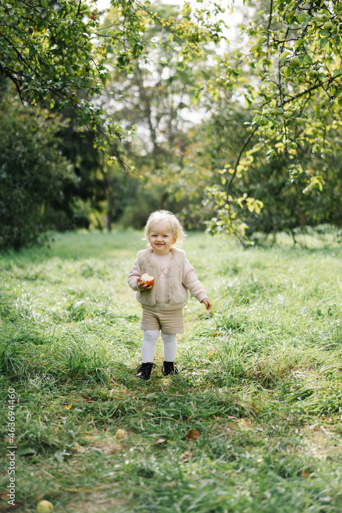 Toddler with apple walking in garden Toddler with apple walking in garden