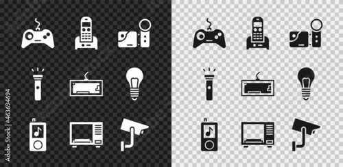 Set Gamepad, Telephone, Cinema camera, Music player, Microwave oven, Security, Flashlight and Keyboard icon. Vector