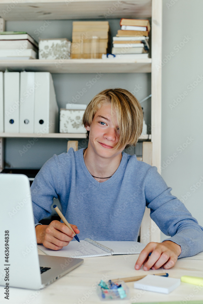 Content boy studying at home with laptop Content boy studying at home with laptop