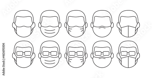 People in medical face mask line vector icon, disease prevention concept. Protection wear from virus or air pollution. Respirator outline design. Editable stroke. Health care illustration
