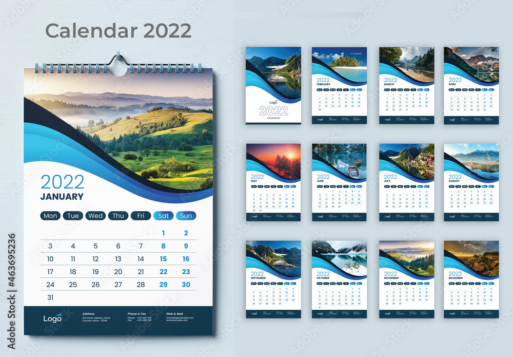 2022 Blue Wall Calendar Layout Stock Template | Adobe Stock