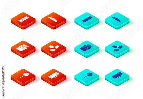 Set Lollipop, Thermos container, Potatoes french fries box, Chicken nuggets, Bread loaf and Chocolate bar icon. Vector