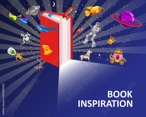 Open Book Imagination concept background. Inspiration reading book with fantasy and creative elements rocket, whale, ufo, unicorn, spaceman, gold fish. Vector illustration cartoon style poster, banner