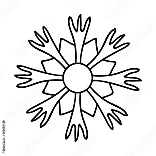 Line Art snowflake. Decor for Christmas and New Year design of cards, banners, websites, icons. Home decor and cozy Hugge style. Hand drawn linear illustration for your design