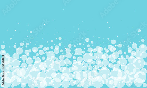 Soap abstract frame, foam bubble border, suds pattern. Transparent effervescent air bubbles stream on blue background. Cartoon soda pop. Fizzy drinks. Carbonated vector illustration