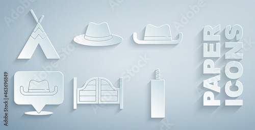 Set Saloon door, Western cowboy hat, Location, Dynamite bomb, and Indian teepee wigwam icon. Vector