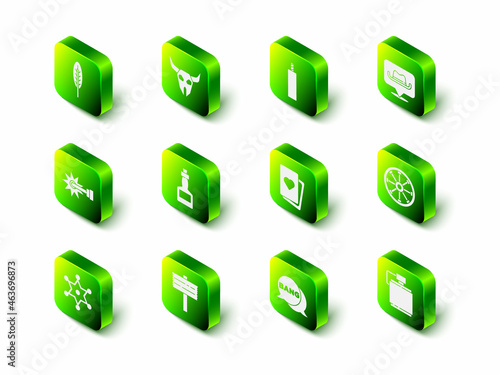 Set Buffalo skull, Dynamite bomb, Location cowboy, Old wooden wheel, Canteen water bottle, Deck of playing cards, Bang boom, gun Comic and Road traffic signpost icon. Vector