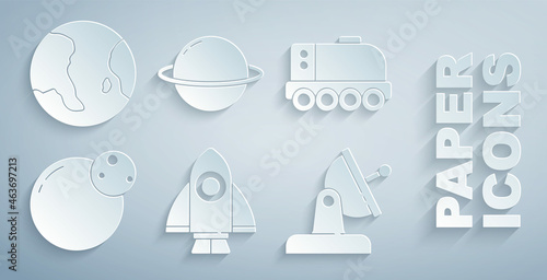 Set Rocket ship, Mars rover, Planet, Satellite dish, Saturn and Earth globe icon. Vector