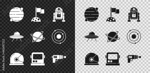 Set Planet, Moon with flag, Robot, Astronaut helmet, Ray gun, UFO flying spaceship and Satellites orbiting the planet icon. Vector