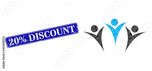 Low-poly friends designed with scattered filled triangles, and grunge 20% Discount stamp. Blue rounded framed rectangular stamp includes 20% Discount text inside framed rectangle form.