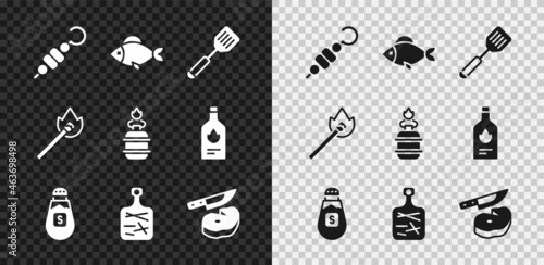 Set Grilled shish kebab, Fish, Spatula, Salt, Cutting board, Steak meat and knife, Burning match with fire and Camping gas stove icon. Vector