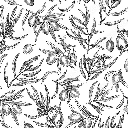 Olives branches seamless pattern. Hand drawn sketch. Engraved elements. For design oil, cosmetics, package