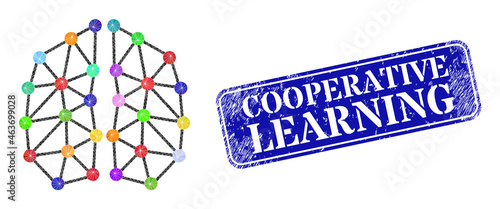 Low-poly neural network constructed of chaotic filled triangles, and grunge Cooperative Learning seal.