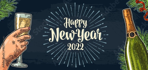 Female and male hands holding and clinking with two glasses champagne.