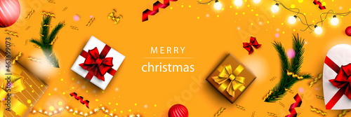 Merry Christmas web banner. Xmas and Happy New Year 2022 holiday celebration poster. Vector illustration with 3d realistic elements. Horizontal christmas poster, background, greeting cards, header.
