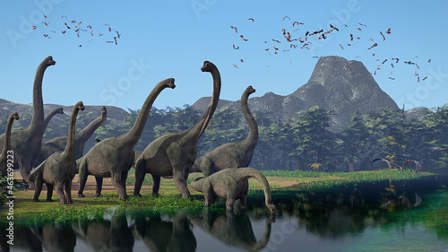 Canvas Print Brachiosaurus altithorax herd and a flock of Pterosaurs in a scenic Late Jurassi