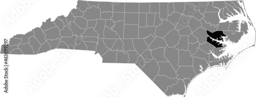Black highlighted location map of the Beaufort County inside gray administrative map of the Federal State of North Carolina, USA